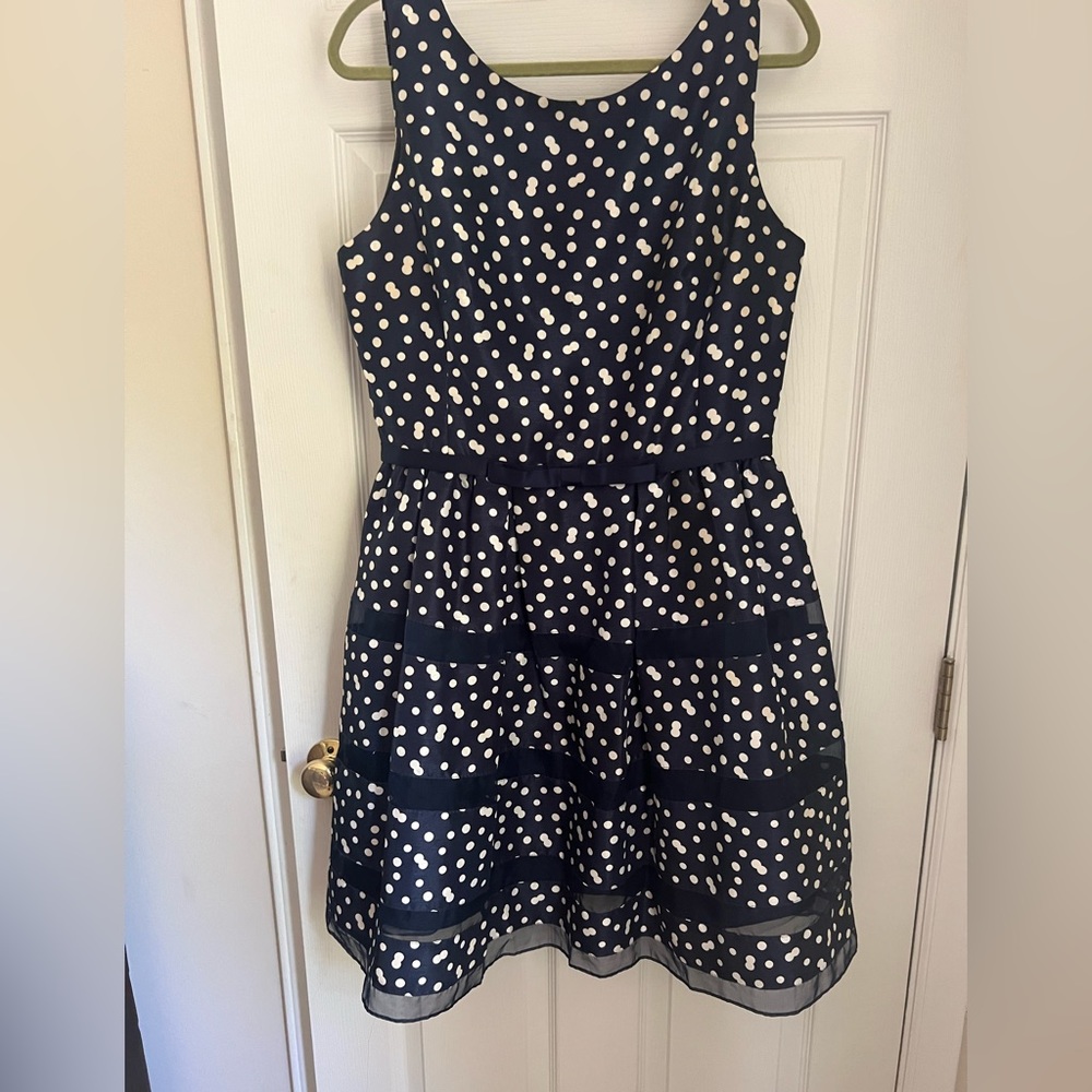 Navy polka dot tiered dress. US 14